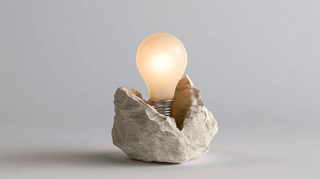 Glowing Light Bulb in Raw Stone Cradle on Neutral Background, Symbolizing Untapped Potential and Ingenuity