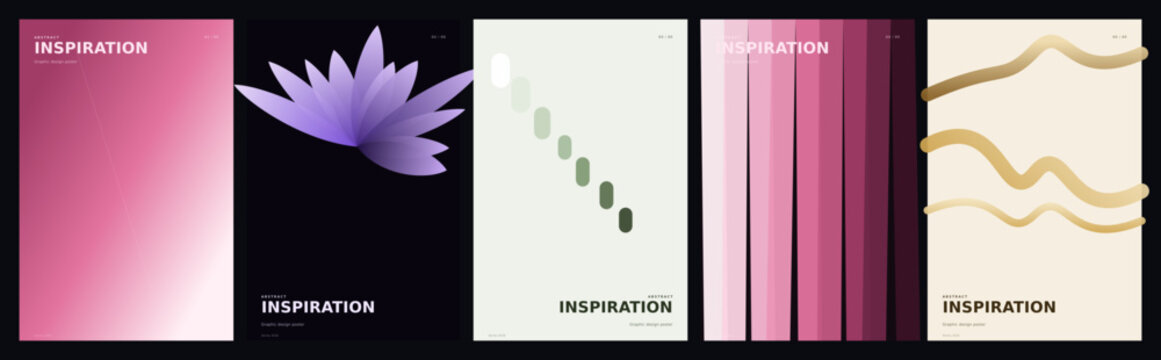 Minimalist abstract poster set with inspiration text, modern geometric vector covers, pink and purple gradient background collection