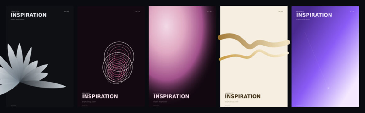 Modern abstract poster collection with 5 vector templates. Minimalist inspiration covers featuring gradients, organic shapes, and dark aesthetics.