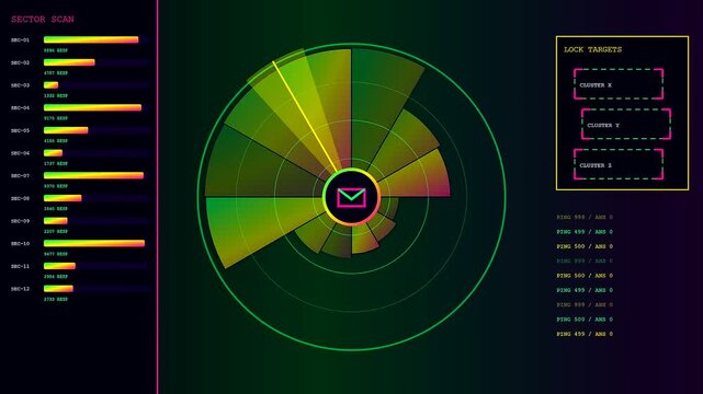 A community poll interface displays data trends through animated circular radar charts with glowing green and orange segments pulsating over a deep dark blue screen
