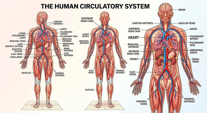 Human Circulatory System Anatomy Diagram with Labeled Arteries, Veins, Heart, Aorta and Major Blood Vessels