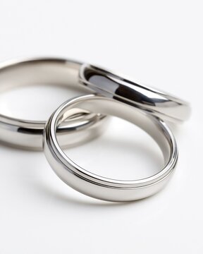 Close-up of three elegant, polished silver wedding rings on a clean white background, symbolizing commitment