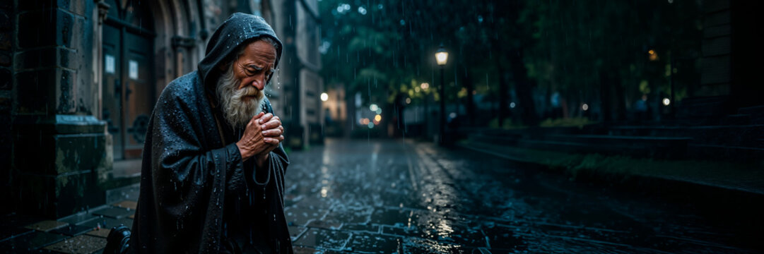 Elderly man with grey beard kneeling in prayer on a wet street during rain. Old monk in dark hooded cloak praying outside a church. Spiritual devotion and faith concept