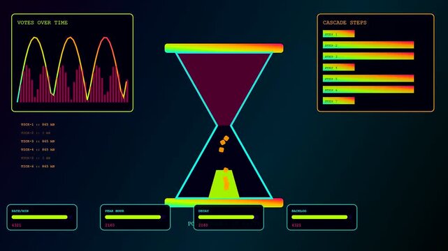 A digital community poll visualization showing glowing golden particles falling through a glass hourglass shape surrounded by neon graphical charts and abstract data progress bars
