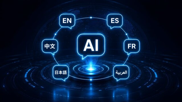 Glowing Digital AI Translation Hub Concept with Global Network and Multiple Language Options