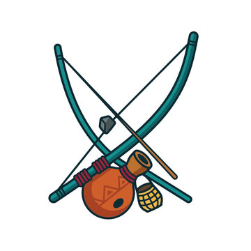 Traditional Brazilian Berimbau Musical Instrument Illustration with Caxixi and Baqueta.