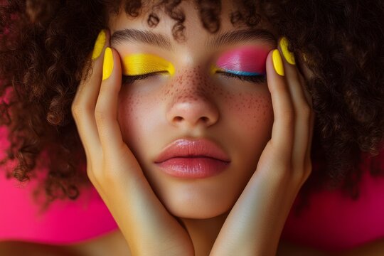 Vibrant makeup on young african female with curly hair