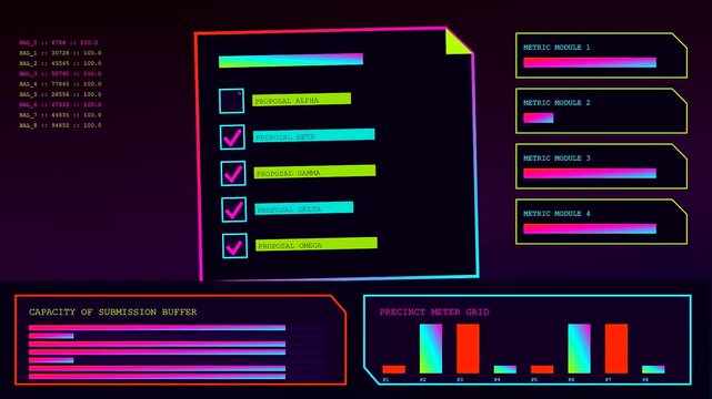 A community poll interface displays digital metrics and proposal checkboxes shifting across three screens with glowing neon graphics in a dark futuristic programming system environment