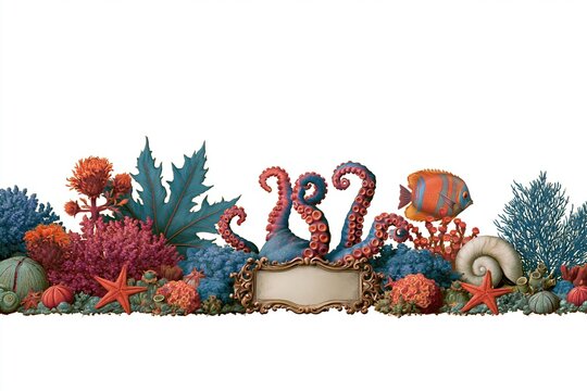 Whimsical Underwater Scene with Octopus, Coral Reef, Fish, and Seashells Border Design