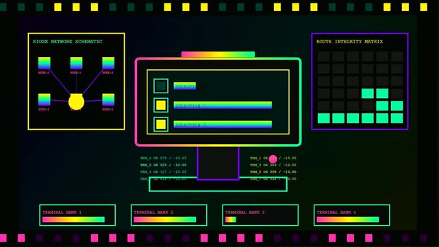 A digital community poll interface displays data across three shifting screens with vibrant gradient neon bars and glowing pixelated network nodes pulsing in dark void environment