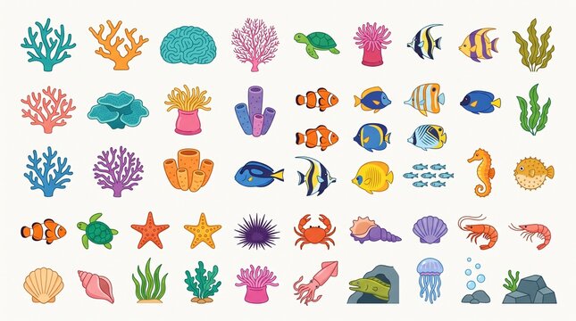 Cartoon marine animals and coral reef vector collection