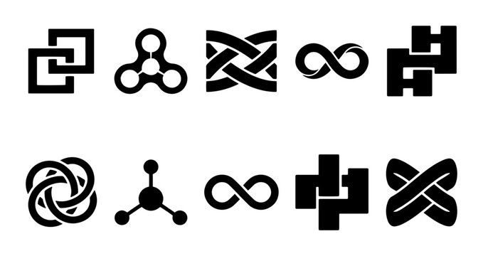 Minimalist geometric logo icons set, 10 black abstract symbols and infinity signs, modern corporate branding elements for tech and design