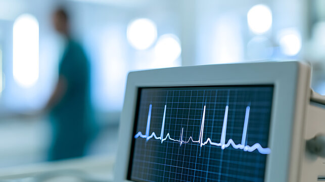 Heart Monitor Display with EKG Waveform and Blurry Medical Professional in Background, Healthcare Technology