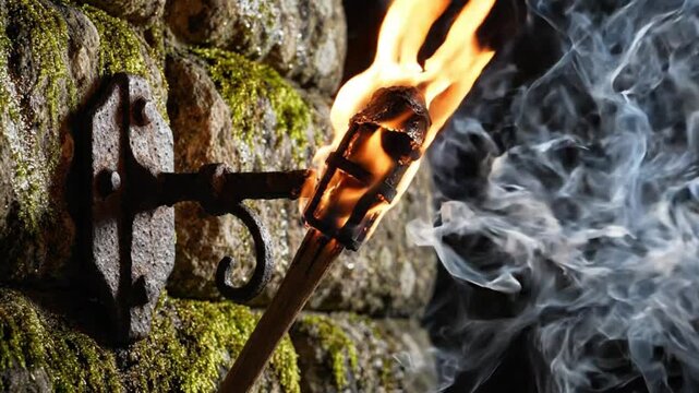 Burning ancient torch on mossy stone wall with rising smoke
