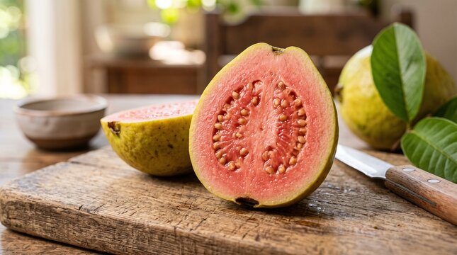 Fresh sliced pink guava on a wooden cutting board