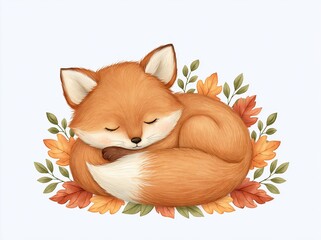 Fototapeta premium Adorable Sleeping Fox Curled Up Amongst Autumn Leaves in Gentle Watercolor Style