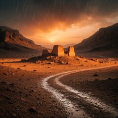 Fototapeta premium Ancient stone ruins glow under dramatic sunset in desert canyon. Heavy rain falls on arid landscape with sand dunes, rocky cliffs. Winding dirt road leads toward mysterious historical temple site