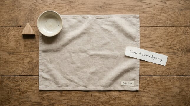 Minimalist aesthetic lifestyle scene featuring a clean linen placemat on a rustic wooden table with an empty ceramic bowl and a motivational handwritten note for mindful morning routines and peace. Go