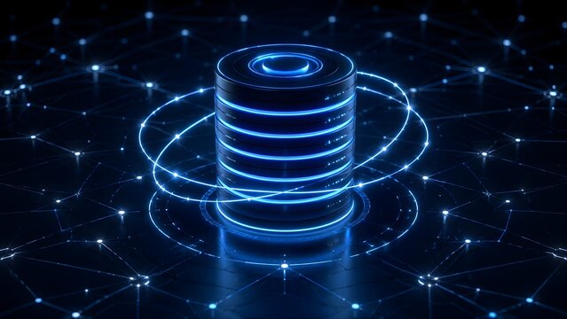 Futuristic centralized database server tower with glowing blue orbital rings and an interconnected digital data network grid on a dark technological background