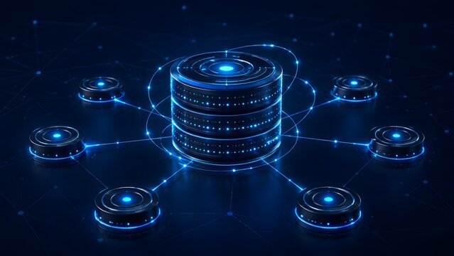 Digital database server surrounded by connected network nodes in a dark futuristic space, representing global data synchronization and cloud computing