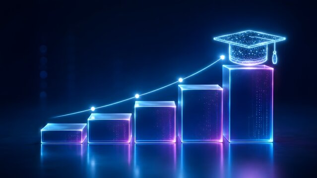 Futuristic neon graduation cap on rising bar chart showing educational growth and academic success