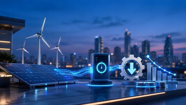 Urban rooftop solar panels and wind turbines transferring blue energy to a smart meter with descending chart representing lower electricity costs