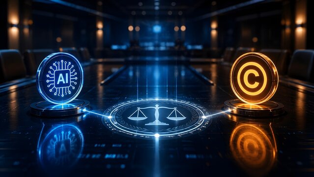 Holographic scales of justice balancing artificial intelligence and copyright tokens on a corporate boardroom table during a strategic meeting.