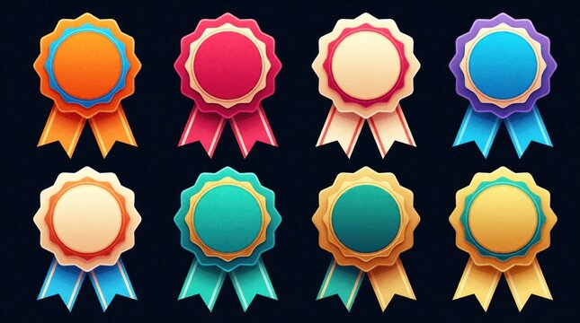 Set of six colorful award badges with ribbons. Icons for achievement, success, quality recognition. Flat design elements with blank spaces for text. Premium labels, medals, seals for winner