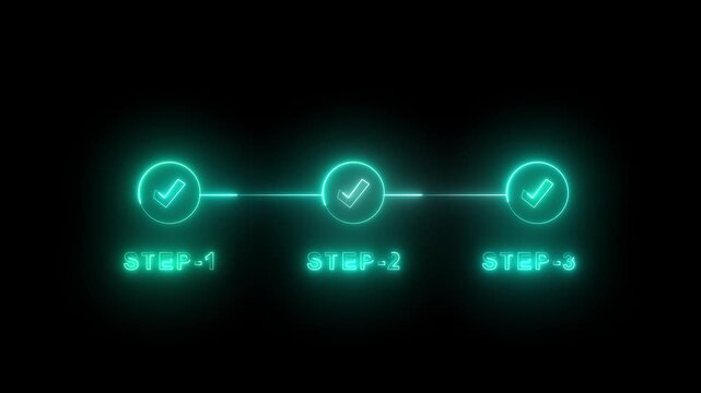 Glowing neon light 3 step infographic process with check mark icon animation. Neon bright step-by-step process and check marks. icon animation on black background with alpha.