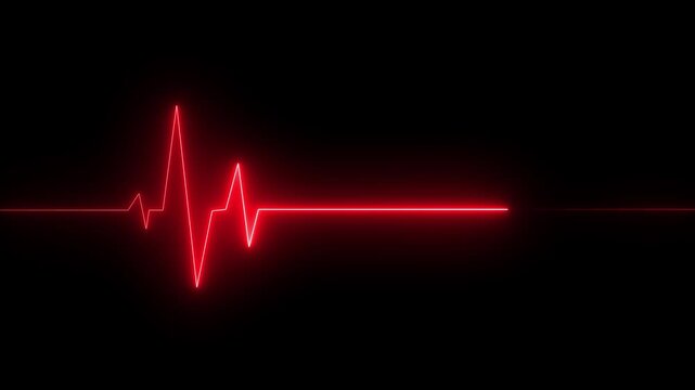 Neon glowing ECG  line animation video on black background. Heart beat. Electrocardiogram. One pulse line. ECG heartbeat monitor, ECG monitor, Heart beating and pumping, medical abstract 4k video.