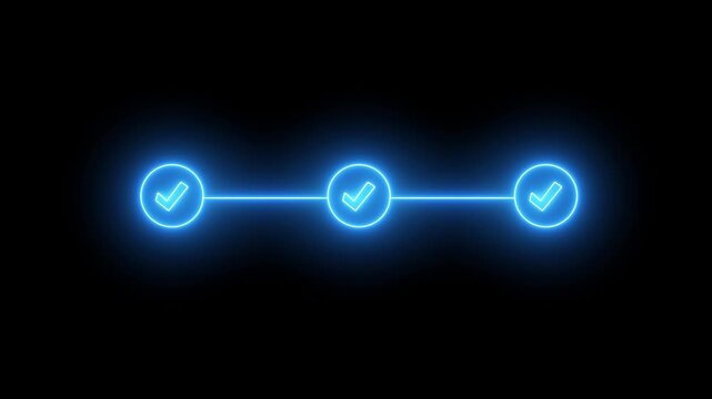 Glowing neon light 3 step infographic process with check mark icon animation. Neon bright step-by-step process and check marks. icon animation on black background with alpha.