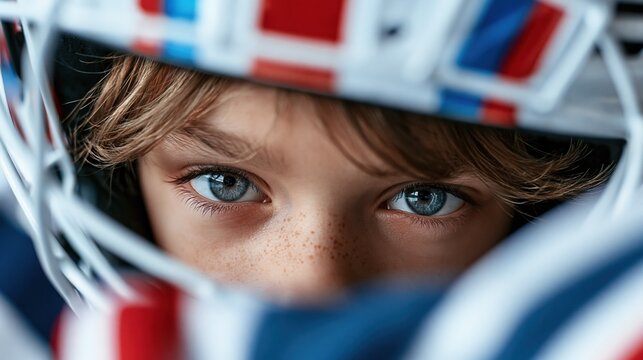 Close-up of young boy's determined blue eyes peeking through a sports helmet, ready for action