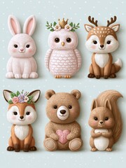 Fototapeta premium Adorable Forest Animals Collection: Cute Bunny, Owl, Deer, Fox, Bear, and Squirrel for Children's Designs