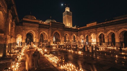 Obraz premium Moroccan Mosque Courtyard Illuminated by Candles at Night