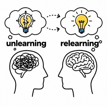 Illustration shows process of unlearning old ideas and relearning new concepts. Mental transformation from confusion to clarity is visualized. Represents growth and evolution of thought.