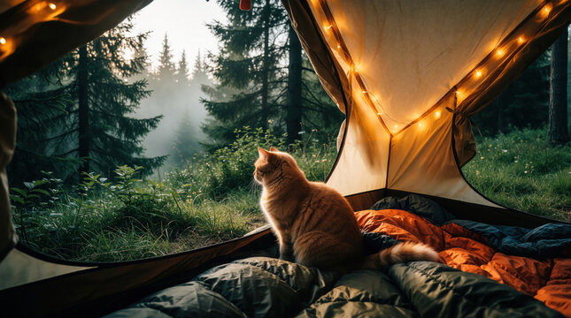 Ginger cat sits inside cozy tent looking at misty forest. Pet enjoys view from camping sleeping bag in wild nature. Warm fairy lights inside tent create peaceful mood during summer outdoor adventure