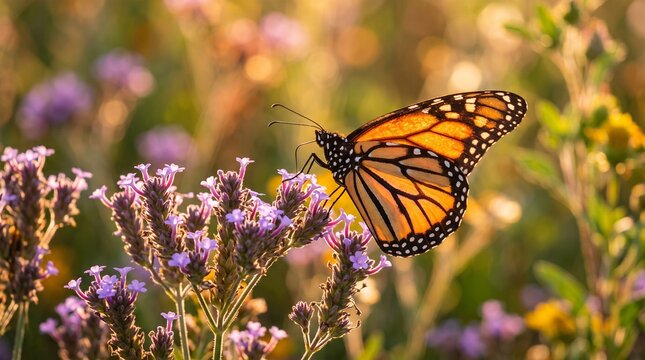 Monarch butterfly on purple flowers in golden hour light