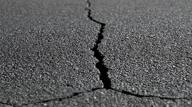 Deep and prominent crack in dark asphalt pavement surface, showcasing damage and texture under natural light conditions