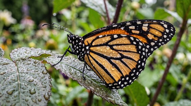 Monarch butterfly with raindrops on wings on a green leaf
