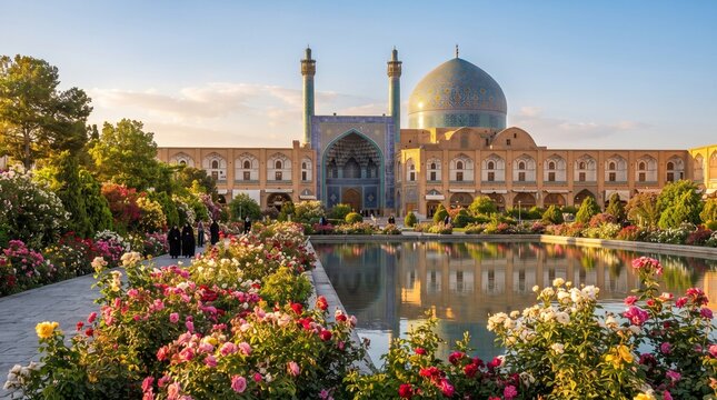 Shah Mosque in Isfahan with blooming rose garden