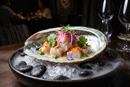 Elegant fine dining raw fish ceviche served in abalone shell with dramatic dry ice smoke over ice