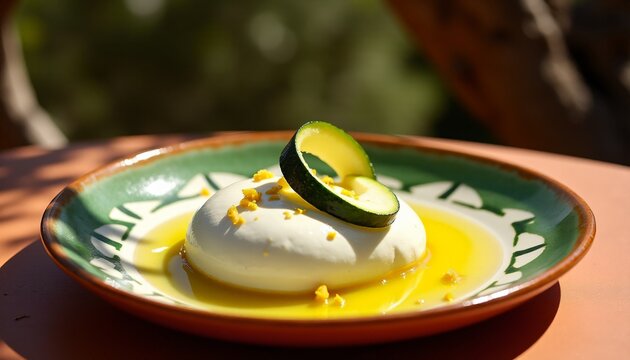 Fresh burrata cheese with zucchini ribbon and olive oil on a ceramic plate