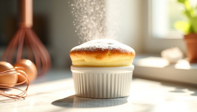 Freshly baked souffl&eacute; in white ramekin being dusted with powdered suga
