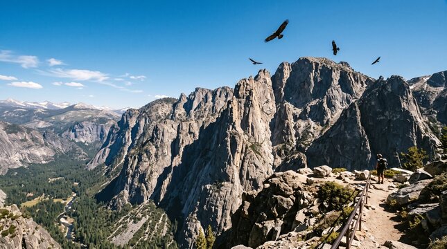 Hiker standing on mountain ridge with eagles flying above