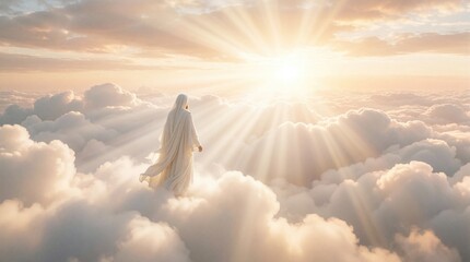 Naklejka premium Spiritual figure in white robes walks through fluffy clouds toward bright sun rays. Divine person stands in heavenly sky at golden hour. Ethereal light shines on calm celestial landscape for