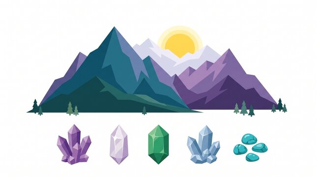 Geometric mountain landscape with colorful crystal collection
