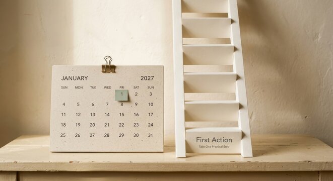 Minimalist desk setup with a January 2027 paper calendar and a small white ladder featuring the text first action take one practical step, symbolizing new year resolutions and goals for future success