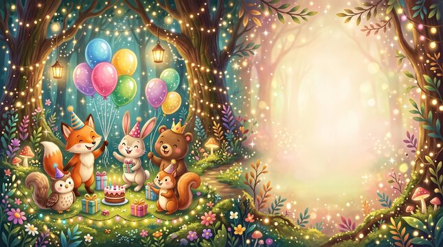 Cute Forest Animals Celebrating Birthday With Balloons And Fairy Lights Copy Space