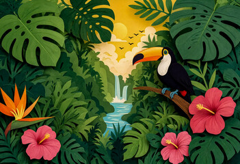 Naklejka premium Tropical Jungle Paper-Cut Diorama