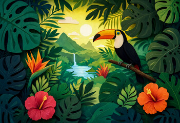 Naklejka premium Tropical Jungle Paper-Cut Diorama